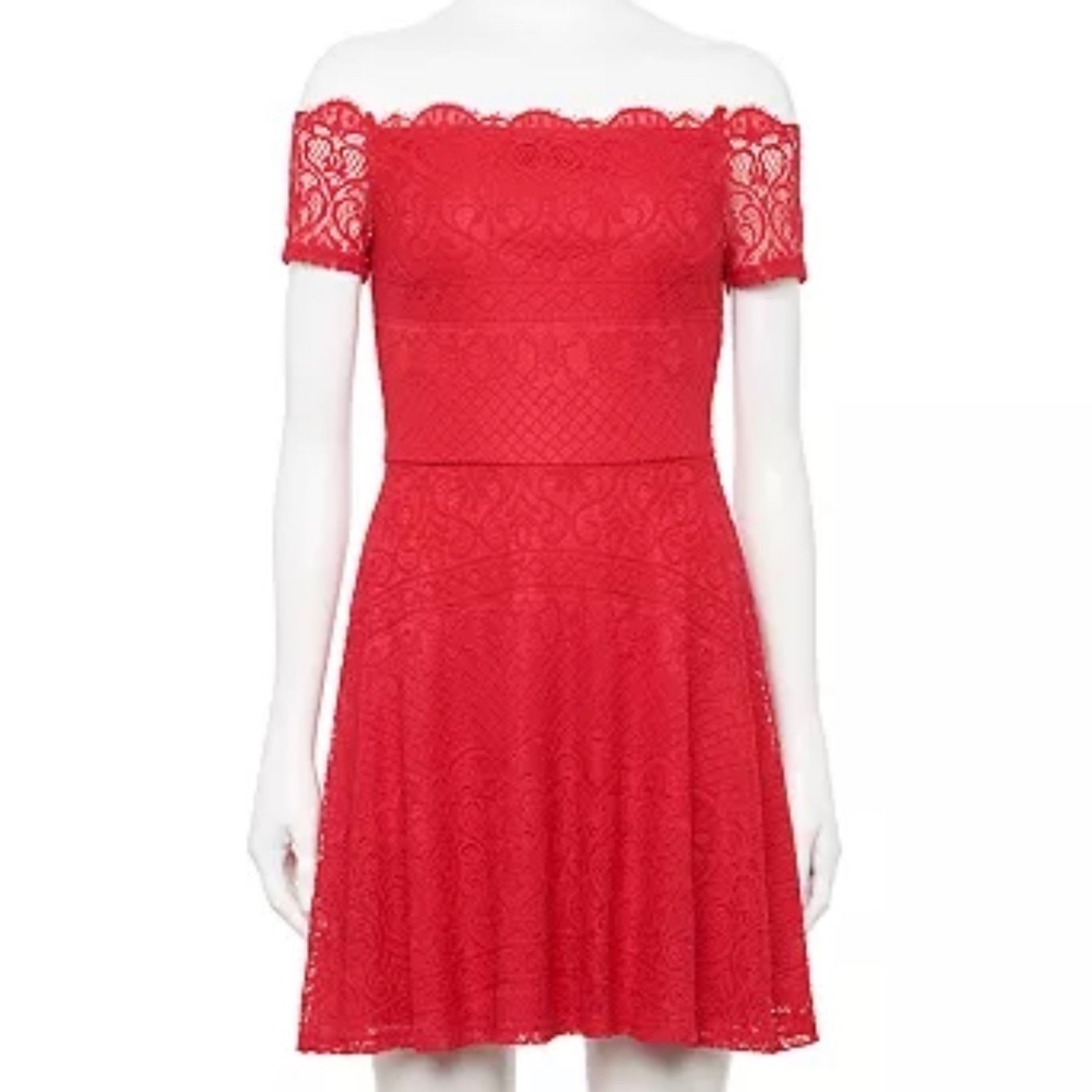 Rewind Lace Dress Off The Shoulder RED Midi Dress Women’s Juniors L Large